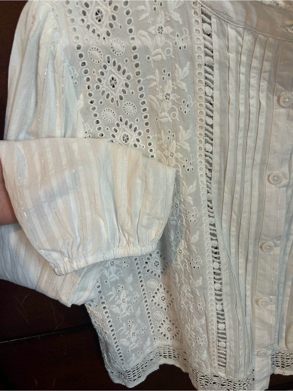 White Lace Eyelet Pintuck Button-Front Blouse - Picture 3 of 3
